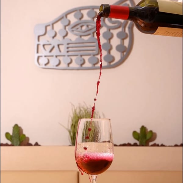 Red wine pouring from a bottle into a glass, with decorative cacti and a wall art in the background.