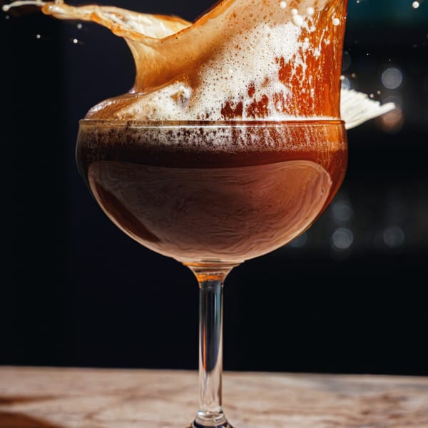 A coffee drink with a large splash of foam overflowing from a stemmed glass.