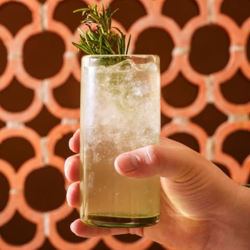 Hand holding a tall glass of iced drink garnished with rosemary, against a patterned wall.